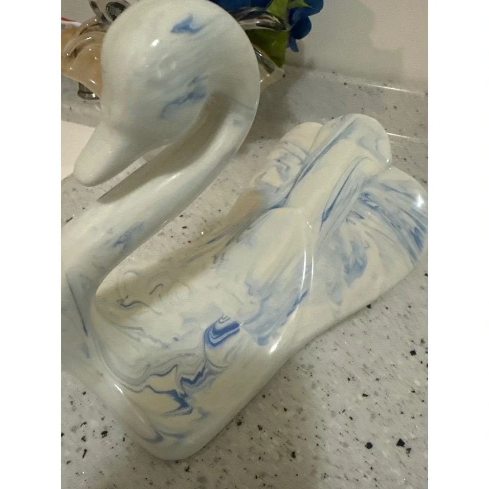 Vintage Blue and White Marble Ceramic Swan Figurine Studio Pottery 1002